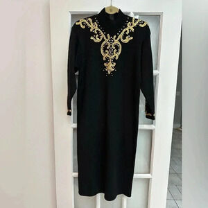 Vintage Antonella Preve New York Black Whimsigoth Gold Beaded Midi Dress Size M